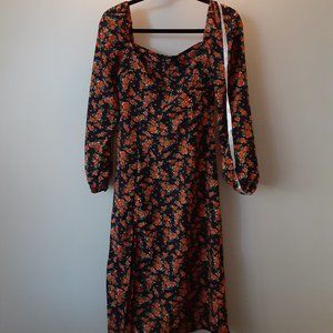 Navy Floral Print Milkmaid Midi Dress